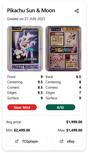 Pokemon card grading example - Pikachu Sun & Moon with detailed AI scoring and pricing from TCGplayer and eBay